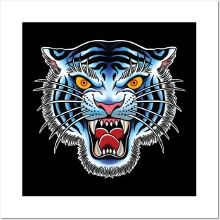 White Tiger Head Traditional Tattoo art illustration Posters and Art